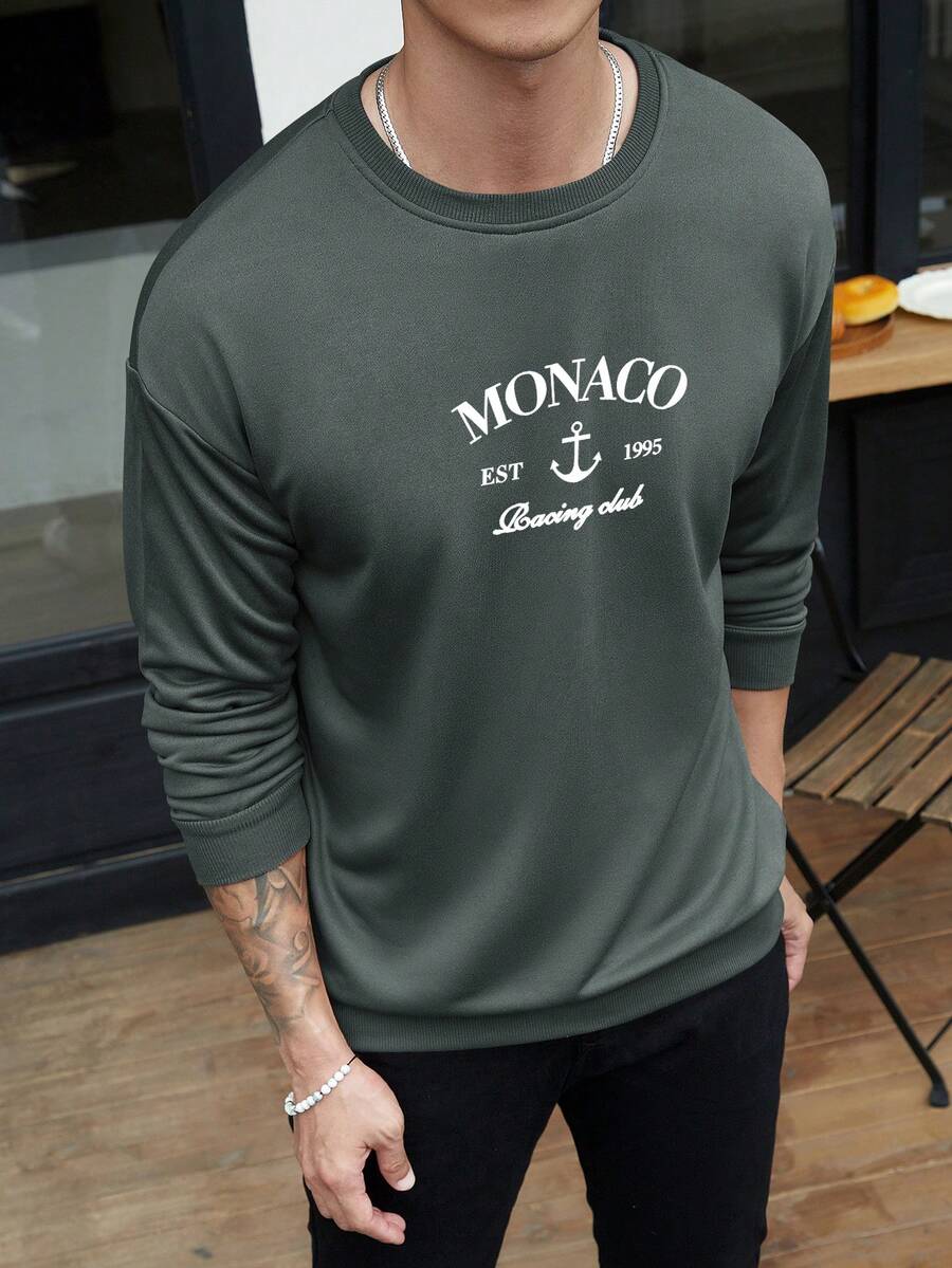 Men's Fashionable Creative Graphic Print Casual Sports Commuter Slim Fit Crew Neck Sweatshirt - Dark Grey - View 1