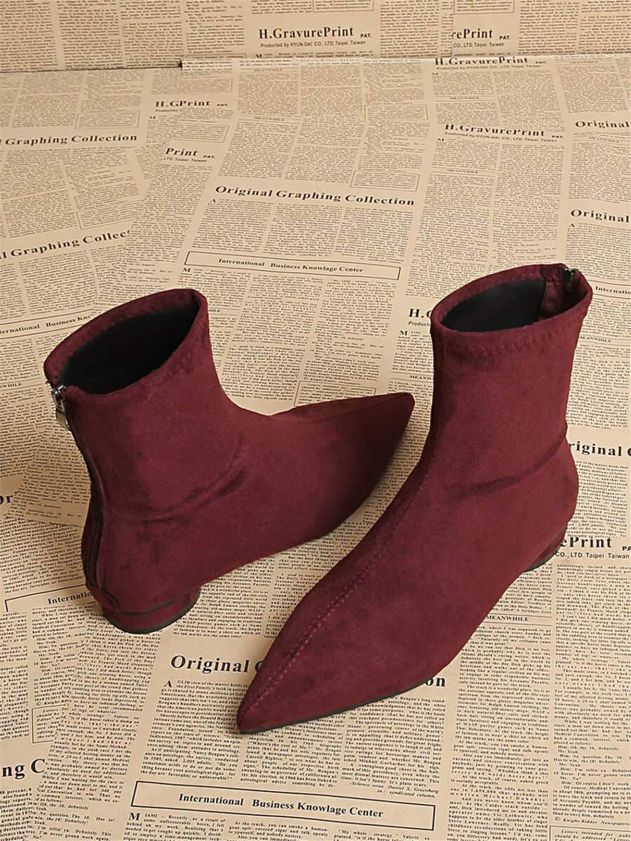 秋冬女装时尚尖头简约优雅修身麂皮后拉链休闲踝靴，酒红色、卡其色、黑色、浅绿色可选，百搭 - 酒紅色 - 查看 1