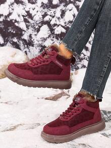 2025 Women's Winter Mid-Calf Snow Boots, Mid-Calf Thick Warm Lace-Up Boots, Leopard Print Design American Style Outdoor Sports Boots, Anti-Slip Wear-Resistant Cold-Proof Snow Boots - Jujube Red - View 5