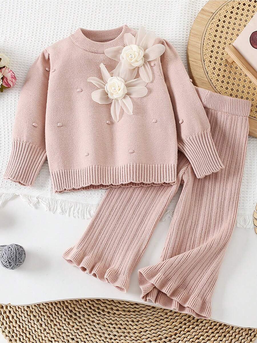 2pcs Girls Autumn/Winter Sweater Set, Floral 3D Embellished Sweater & Leggings, Outfit For Outings, Holidays, Birthday Gift - Pink - View 1