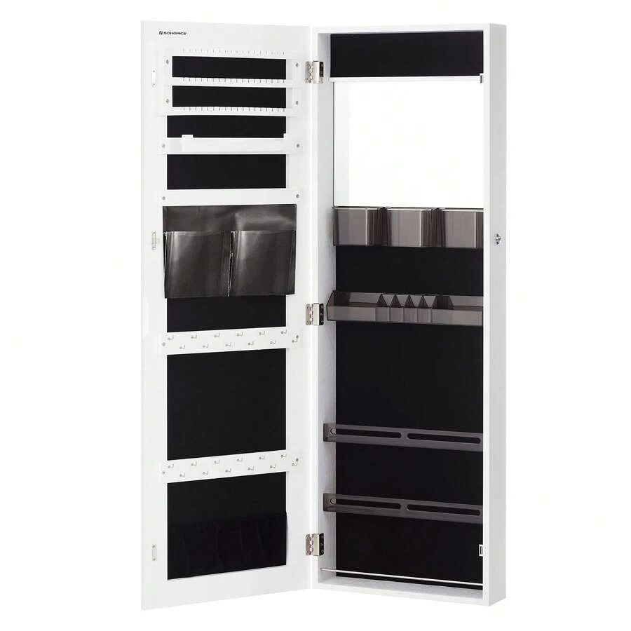 SONGMICS MJJC003W01 Mirrored Jewelry Cabinet, Wall Or Door Mounted With Full-Length Frameless Mirror, Lockable Armoire With Built-In Small Mirror, Christmas Gifts, Black - 白色 - 查看 1