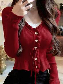 杏色 V 领蕾丝拼布抽绳腰性感纹理针织开衫，修身秋季女式外套 - 紅色 - 查看 5