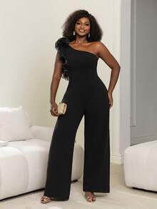 Faeriesty One-Shoulder Jumpsuit: Pleated Floral Accents & Wide-Leg Silhouette. Glam Party Style.. Wedding Black - Black - View 2