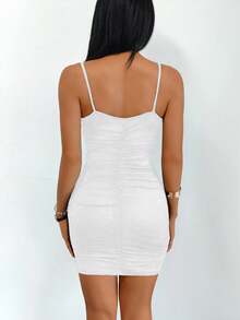 Sexy V-Neck Ruched Bodycon Cami Mini Dress, New Spring/Summer, Women's Birthday Party Dress, Women's Sexy Nightclub Outfit - White - View 2