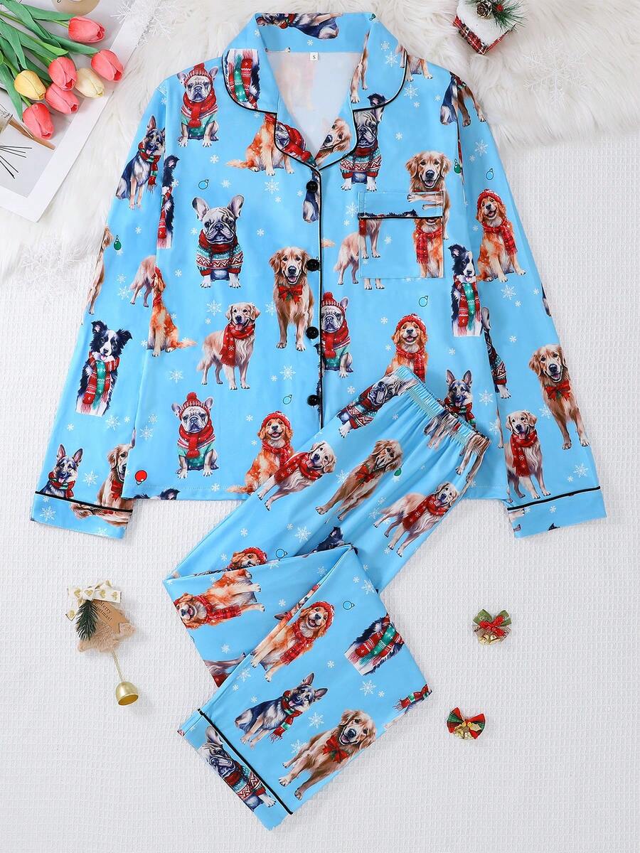 两件套女士长袖睡衣套装，翻领纽扣衬衫搭配松紧腰宽松长裤，适合所有季节，饰有可爱的狗狗派对印花图案，秋冬服装 - 藍色 - 查看 1