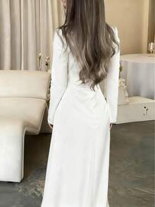 SuofeiMan Women's Casual Long Knit Dress, Square Neck Long Sleeve, A-Line Mermaid Hem Design - White - View 2