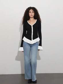 Contrast Color Knit Patchwork Cardigan Sweater - Black and White - View 3