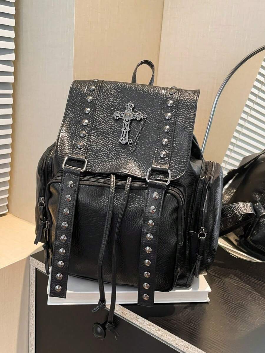 Handmade Soft Leather Subculture Backpack, Dark Cross & Chain Commuter Bag - Multicolor - View 1