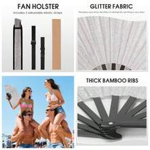13 Inch Glitter Large Rave Folding Clack Hand Fan With Holster MenWomen Handheld Fan EDM, Festival, Club, Party, Line Dancing, Gold - 銀色 - 查看 1