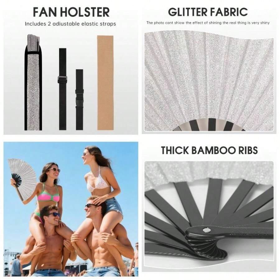 13 Inch Glitter Large Rave Folding Clack Hand Fan With Holster MenWomen Handheld Fan EDM, Festival, Club, Party, Line Dancing, Gold - 銀色 - 查看 1
