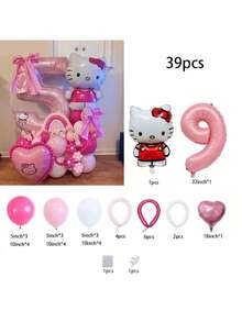 39 بالون مع قضبان من القطة الجميلة هالو كيتي من سانريو، بالونات رقم فويل 32 بوصة باللون الوردي اللؤلؤي، مناسبة لديكور حفلة عيد الميلاد