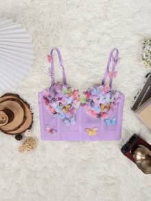 Rave Romantic Sweetness Pink Colorful Butterfly Applique Rhinestone Decor Backless Bustier Corset Shapewear Crop Cami Top - Pink - View 4