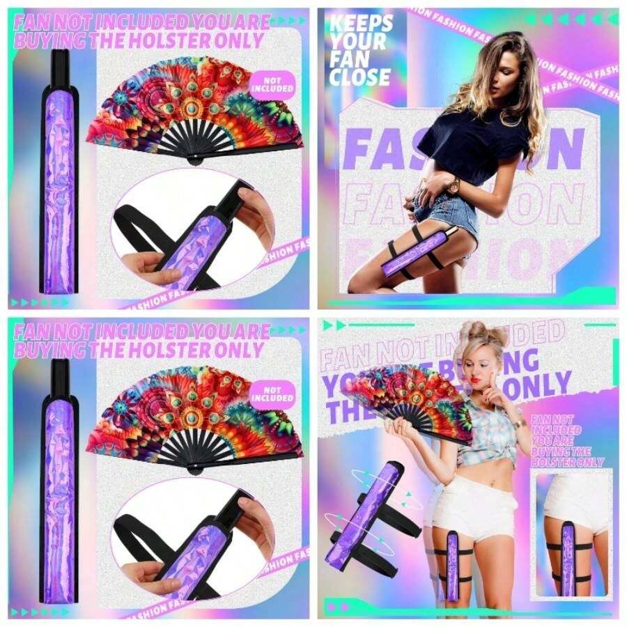 Summer Rave Fan Holster Rave Fan Holder Folding Hand Pouch Foldable Sleeves With Waist Belt Thigh Party - 彩虹色風格 - 查看 1