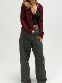 Zip Up Cardigan For Women Y2k Cable Knitted Long Sleeve Hooded Crop Cardigan Sweater Solid Color Knitwear Jacket Fall Lightweight Clothes Winter Outerwear Streetwear - 酒紅色 - 查看 4