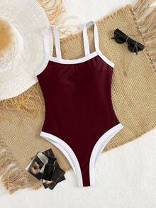 Bộ đồ bơi một mảnh màu tương phản tối giản, thanh lịch, giản dị, phong cách mới dành cho nữ, thích hợp cho suối nước nóng, kỳ nghỉ ở bãi biển, du lịch mùa hè, tiệc bãi biển - Màu Đỏ Sâu - Xem 3