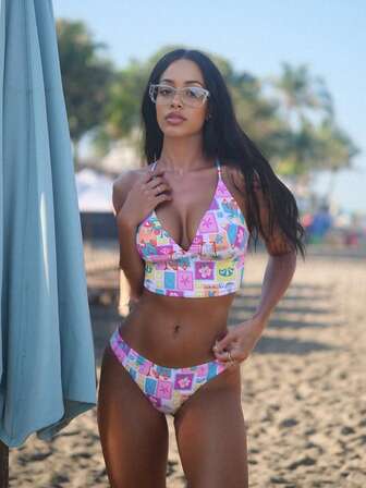 Set de 2 piezas de top halter y Bottom de bikini con estampado floral de poliéster para mujeres