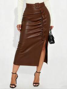 GLOURI Women's Brown Vegan Faux Leather Midi Skirt - High Waisted Ruched Bodycon With Side Slit & Button Detail | Versatile Office, Date Night & Party Outfit (Belt Included) - màu nâu - Xem 2