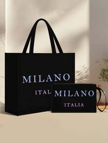 亚麻手提袋套装，包含一个印有渐变闪光“意大利米兰”字样的手提袋和一个印花小袋，可定制字母、花朵等图案，适合婚礼、生日、海滩、节日等场合，是送给女性、母亲、教师、朋友、伴娘、学生、返校季、圣诞节、情人节、新年、斋月等节日的完美礼物。 - 彩色 - 查看 8