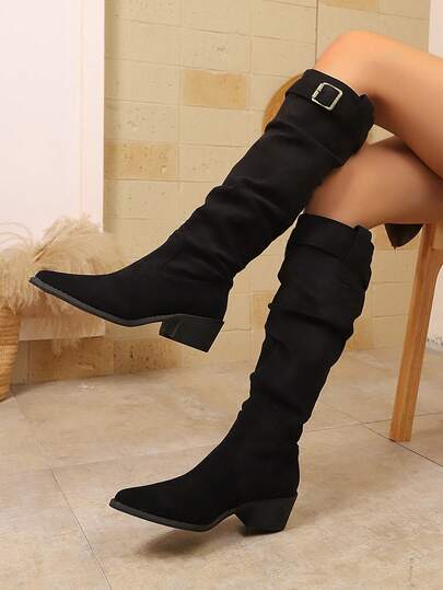 Women's Metal Buckle Slim Fit Mid-Heel Knee-High Boots, Metal Buckle Accent Pointed Toe High-Top Boots, Mid-Heel Chunky Heel, Vintage Metal Buckle Decor Knee-High Boots, Retro Elegant Style, Suitable For Women's Daily Commute In Autumn/Winter, Black Suede Material, Vintage Metal Buckle Knee-High Boots