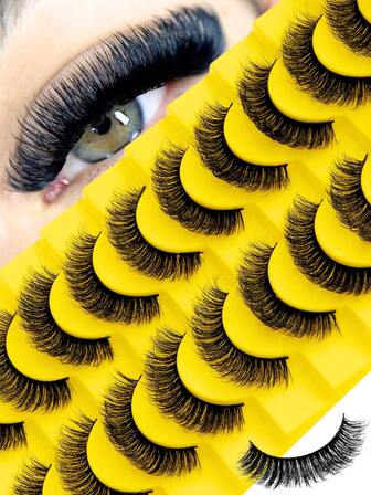 10 pares de pestañas postizas rusas con rizo D, aspecto natural, 16 mm, rizadas, de aspecto similar a las de visón, con efecto voluminoso y alargador en las puntas para un look de ojos ahumados, kit de extensión de pestañas para alargar y dar volumen a la parte exterior del ojo