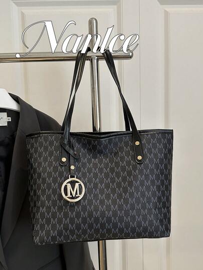 1pc White Vintage Floral Letter Decor Metal Hardware PU Tote Bag, Large Capacity Women Shoulder Bag (Metal Pendant Left/Right Random, Not Fixed)