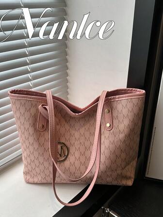 1个粉色复古花卉字母装饰金属配件大容量手提包/单肩包（金属吊坠位置随机，非固定）