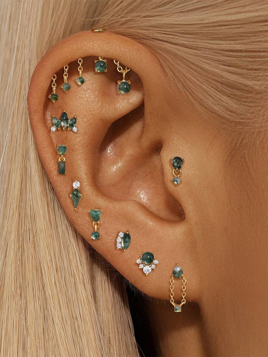 1 Stück Moos Achat 925 Sterling Silber Ohrringe für Frauen, Ohrstecker, Tropfen Ohrringe, klassischer Flachkopf Piercing, perfekt für den täglichen Gebrauch, geeignet für Jahrestag, Edel-Schmuck - Gold - Übersicht 1