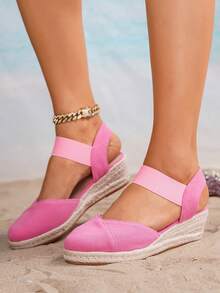 Women's Fashionable Pink Elastic Band Breathable Casual Vacation Hemp Rope Wedge Sandals - Pink - View 16