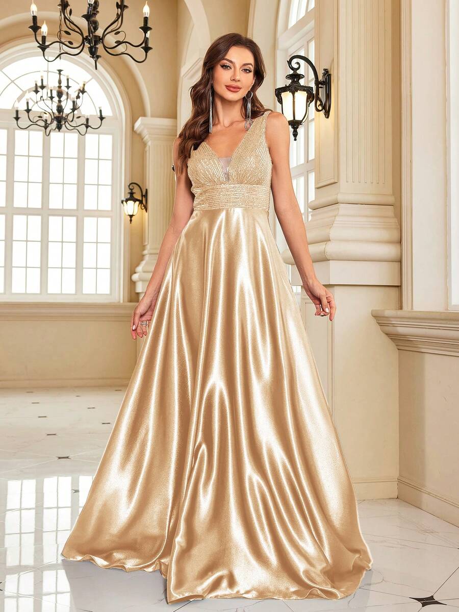 BluePlum 优雅新娘母亲礼服，高品质缎面串珠V领无袖修身长裙，正式晚宴婚礼宾客礼服（春季款）