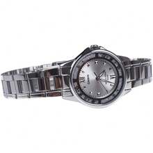 Đồng hồ Casio nữ, Dây đeo bằng thép không gỉ màu bạc, Mặt số tròn màu trắng, Thiết kế tối giản, Cửa sổ ngày, Chống nước - Một cỡ - Xem 3