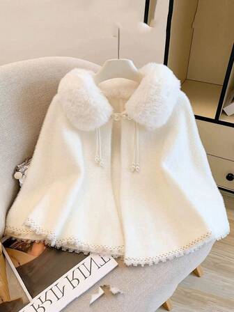 1件冬季纯色珍珠纽扣毛绒斗篷，可搭配连衣裙