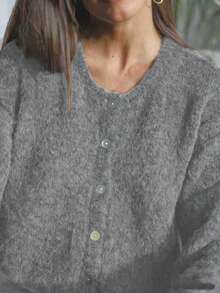 Vintage Button-Up Gray Knit Cardigan Sweater For Women, Round Neck Top - Grey - View 5