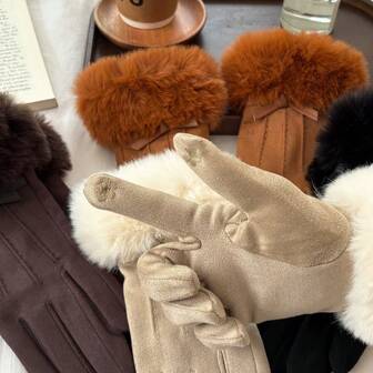 1 Pair Elegant Lady's Windproof Touchscreen Gloves, Thick Thermal Lined Suede Fabric, Suitable For Autumn/Winter, Cycling