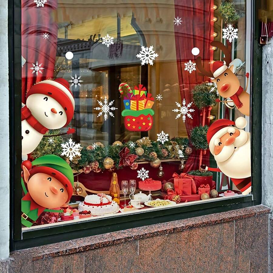 1 Stück Weihnachts-Fenstersticker, abnehmbarer Weihnachtsmann, Rentier, Lebkuchenmann, Elf, Weihnachtszug, Weihnachtsschneeflocke Fenstersticker für Büro, Schule, Heim-Fenster, Glas-Dekoration