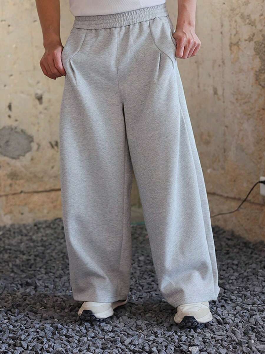 Men's Loose Elastic Waist Pockets Wide Leg Casual Pants, Grey - Light Grey - View 1