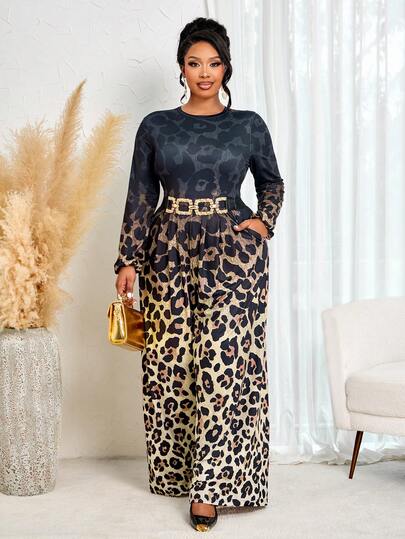 BIUBIU Plus Size Casual Ombre Leopard Print Long-Sleeve Jumpsuit, Suitable For Autumn & Winter Suitable For Daily Outings