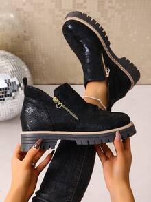 女士踝靴，女鞋冬靴，女士平底鞋，新款踝靴，女士拉链鞋 - 黑色 - 查看 9