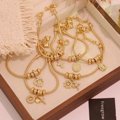 Freegrow 1pc Copper Micro-Inlaid Zirconia Virgin Mary Cross Pendant Bracelet, Suitable For Women's Daily Wear