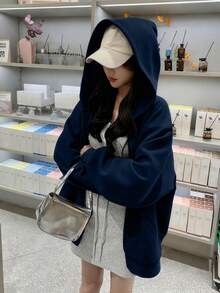 1件少女简约休闲抓绒外套，秋冬季 - 藏蓝色 - 查看 4