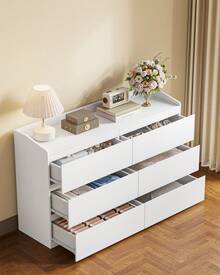 HEXCELEN Chest Of Drawers, 6-Drawer Chest, Sideboard With Work Surface, Locker With Top Rail, Modern Style, Suitable For Living Room And Bedroom, 40 X 138 X 84 Cm, White - 白色 - 查看 3