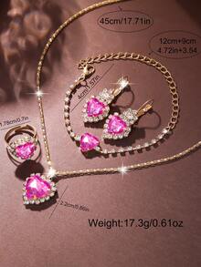 LIANDU مجموعة ساعة نسائية - ساعة بقرص وردي لامع، مجموعة مجوهرات بشكل قلب (سوار، قلادة، أقراط، خاتم)، حركة كوارتز، هدية رومانسية للمرأة