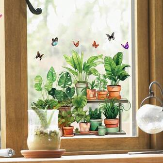 1pc Green Plant Potted Plant Butterfly Static Cling Glass Wall Sticker Bathroom Home Decor Sticker Living Room Bedroom Wall Sticker Children's Room Wall Sticker Door Wall Sticker TV Sofa Background Wall Decoration