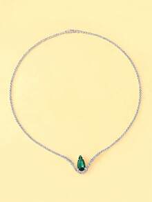 1 Pc Silver Green Emerald Choker Necklace For Women Rhinestone Prom Silver Necklace Jewelry For Bridal Wedding Accessories - Bạc - Xem 2