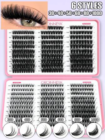 600pcs Cluster Lashes 30D+40D+50D+60D+80D+100D Lash Clusters Wispy Individual Lashes C Curl Lash Extension 8-16MM Natural Look Lashes Clusters DIY Cluster Eyelash Extensions For Beginners