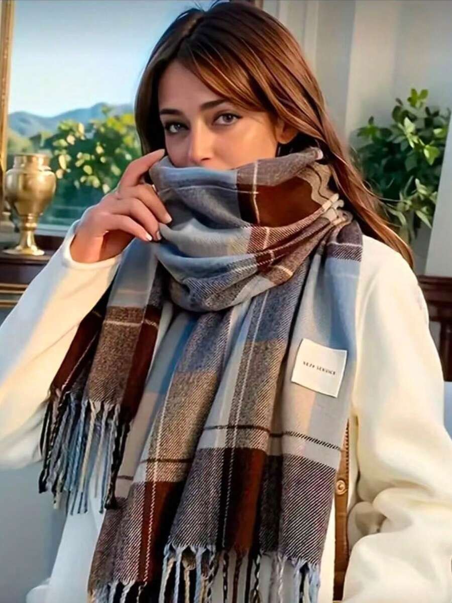 1pc Women's Faux Cashmere Plaid Tassel Scarf, Chic Autumn/Winter Shawl For Warmth, Fashion Neck Wrap For Daily Use - Màu xanh lam - Xem 1