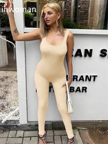 Conjunto de primavera para mujer, mono de Body entero de unicolor, sin mangas, casual, para uso diario - Albaricoque - Ver 1