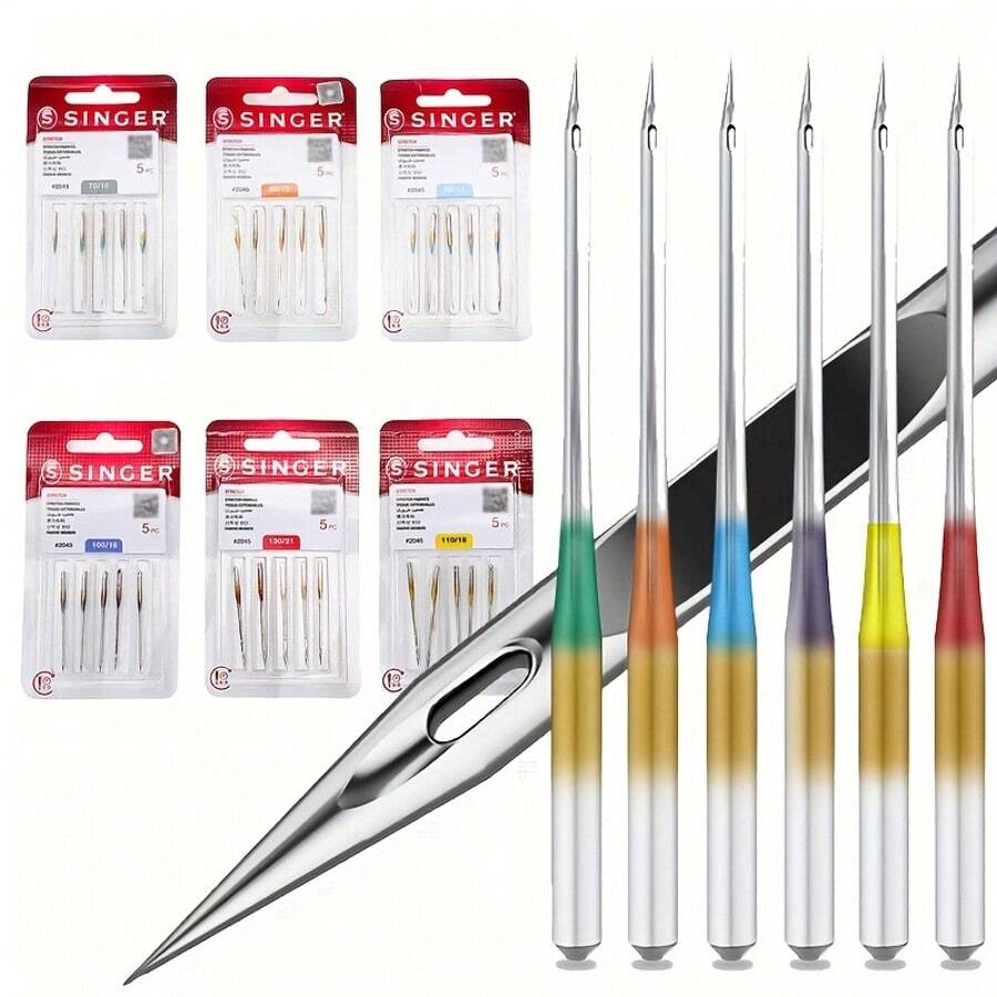 SINGER Universal Haushaltsnähmaschinennadeln, 5 Stücke/Packung - 2045 Stretch-Nadeln, sortierte Größen 10/12/14/16/18, beständiger Edelstahl, glatte Näharbeit für Stretchstoffe, DIY-Schneiderei, Bekleidungsherstellung, Frühjahrsnähen und Weihnachtsbastelprojekte - Verschiedenfarbig - Übersicht 1