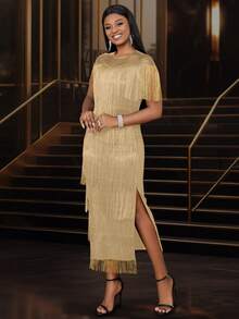 Gaun Wanita Lengan Pendek Bahan Jala Transparan dengan Rumbai, Cocok untuk Pesta, Resepsi, Kencan, Ulang Tahun, Pakaian Musim Semi yang Elegan di Musim Panas. - Khaki - View 7
