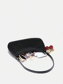 Women's Fall Outfits, Floral Patterned Fabric, Cute Pendant Decor, Cherry Pendant, Women's Minimalist One Shoulder Bag, Zipper Closure, Retro Style, Underarm Bag, Suitable For Multiple Occasions Glossy Leather,Shoulder Bags For Women,Handbags For Women,Cherry Keychain,Bag Charms,Black Purse,Carteras Para Mujer,Purses And Bags Women,Bolsos Para Mujer, Valentine's Day,Valentines,Carteras Para Mujer,New Year,    [Cherry Accessory Included Randomly] Please Do Not Purchase If You Mind.,Valentine's Day,New Year - 黑色 - 查看 4