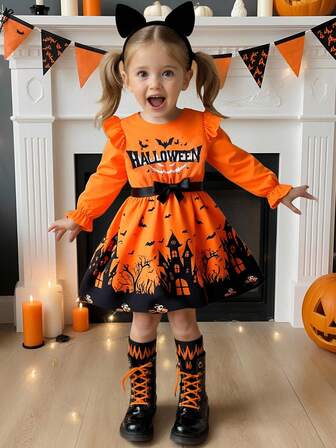 Vestito a maniche lunghe con scollo rotondo da ragazza, con stampa di pipistrelli, castello e zucca, adatto per vacanze, feste, uso all'aperto, primavera/autunno